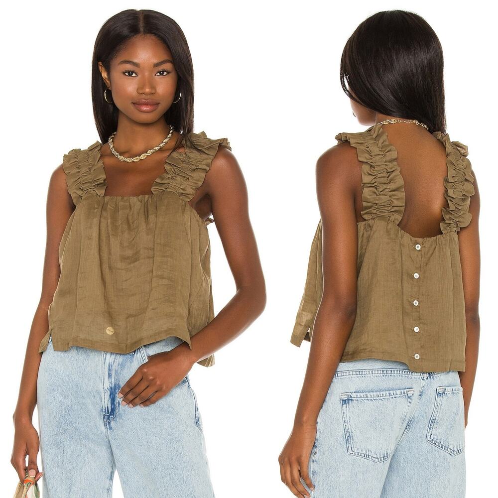 NEW FRAME Ruffle Strap Tank Square Neck Back Button Top Moose Green Size: Small